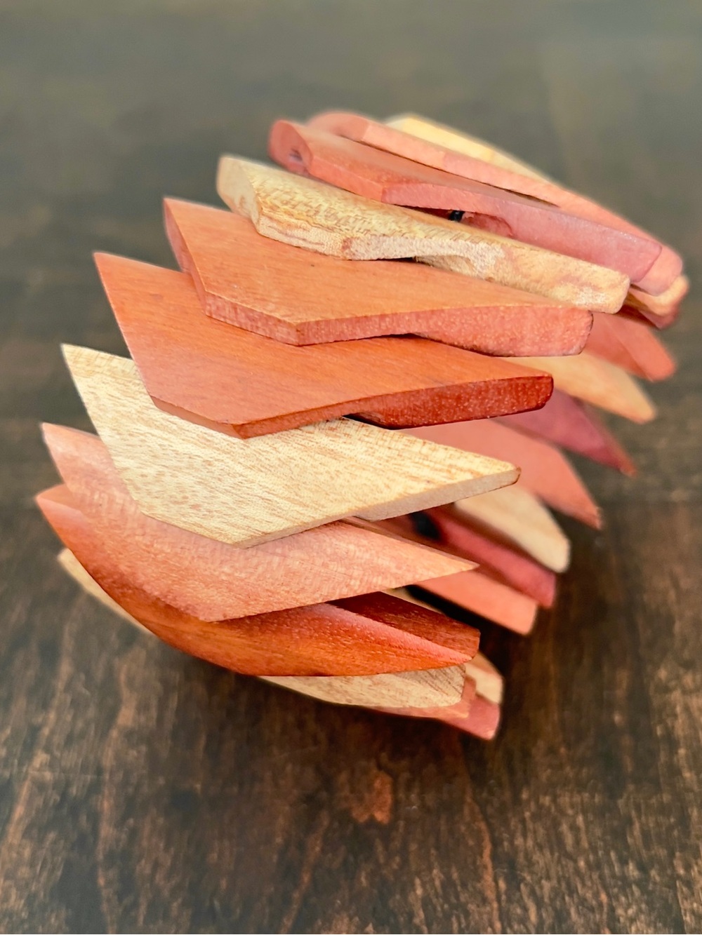 Vintage MCM Multi Tone Wood Chevron Stretch Cuff Bracelet Chunky Geometric Art D